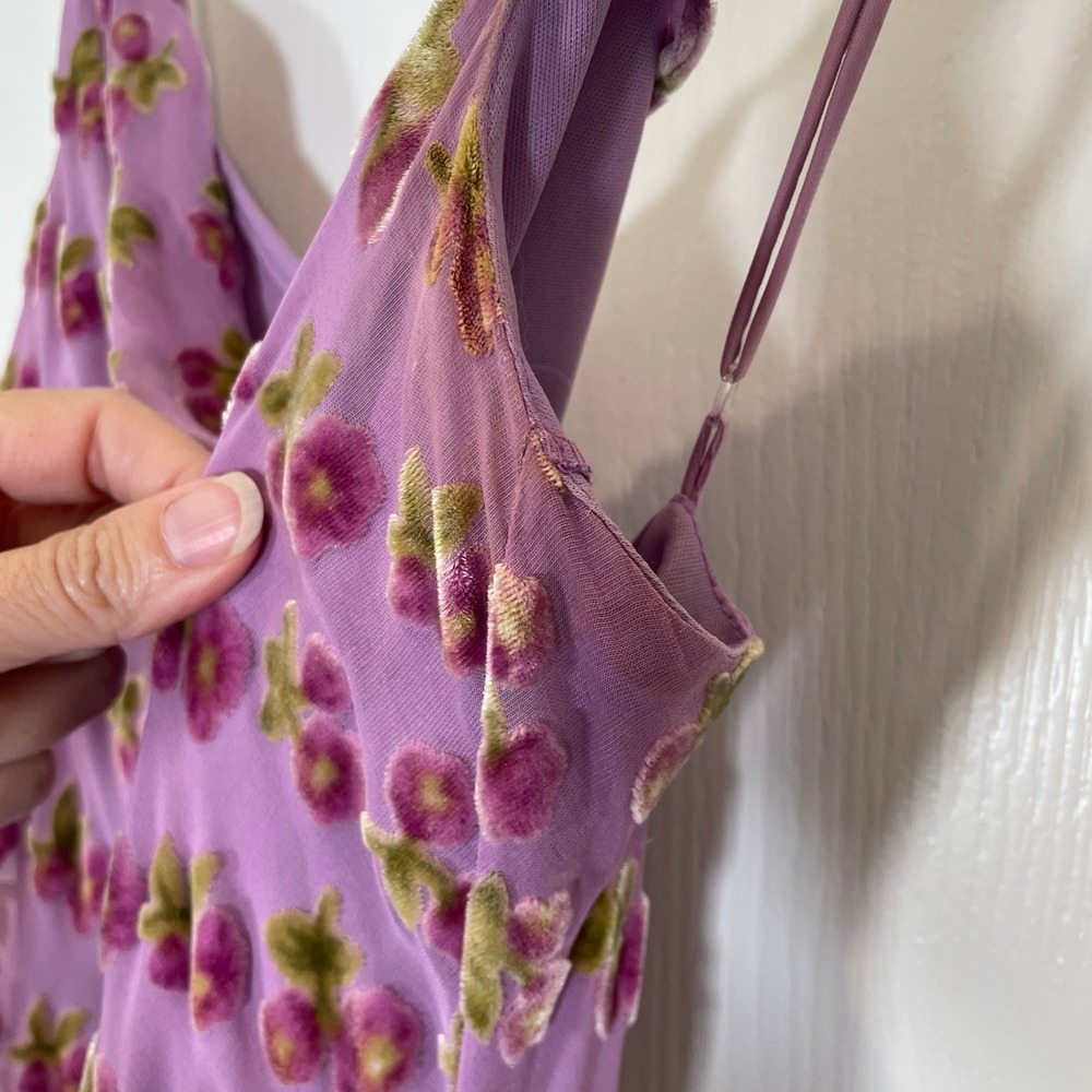 Betsey Johnson Y2K Vintage Dress Black Label Lilac Velvet Floral Silk Fringe M - Picture 8 of 12